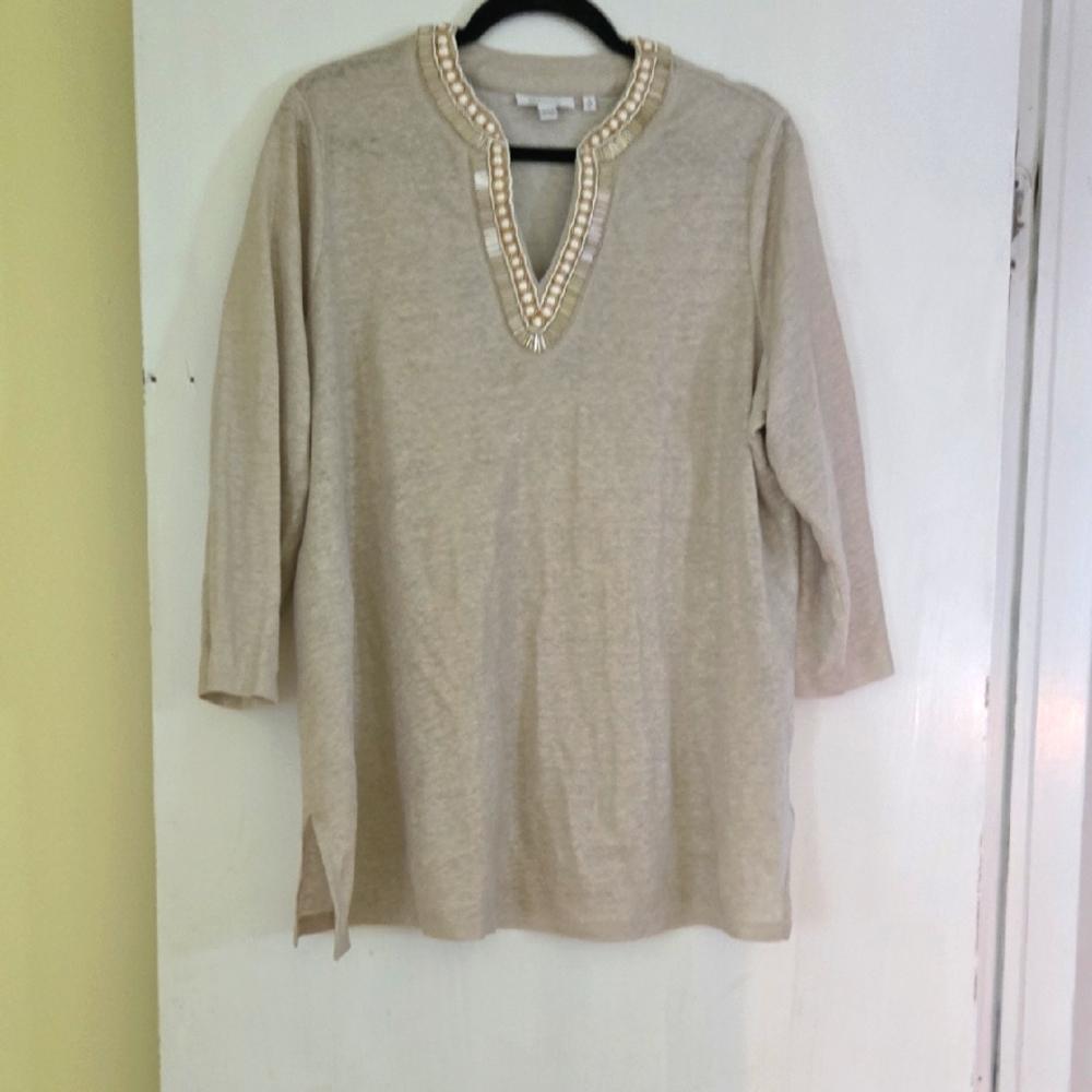 Chico's Tan Embellished 3/4 Sleeve Tunic